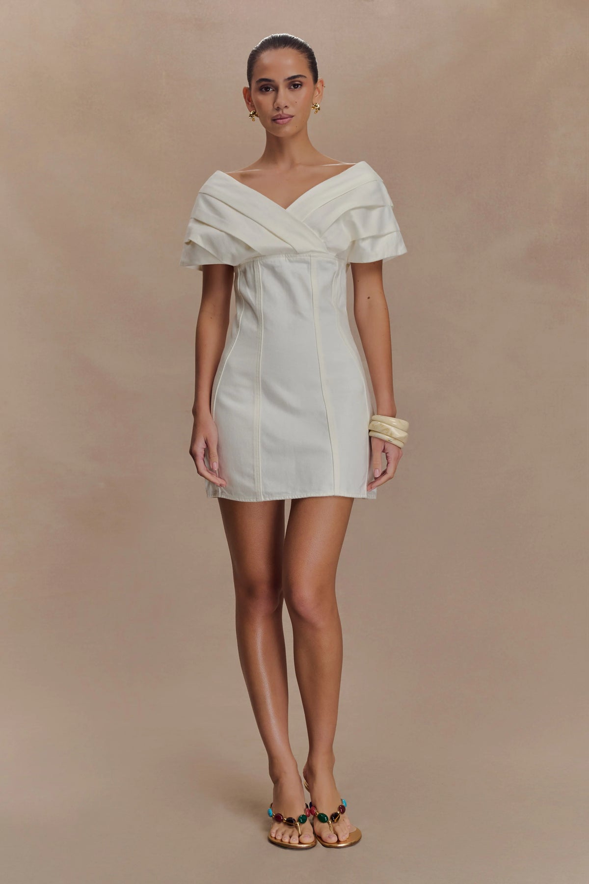 Pascale Off Shoulder Denim Mini Dress - White