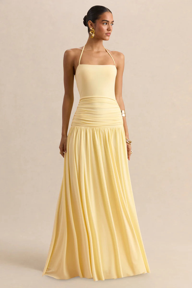 Lemon Square-Neck Maxi Dress With Ruched-Detailing