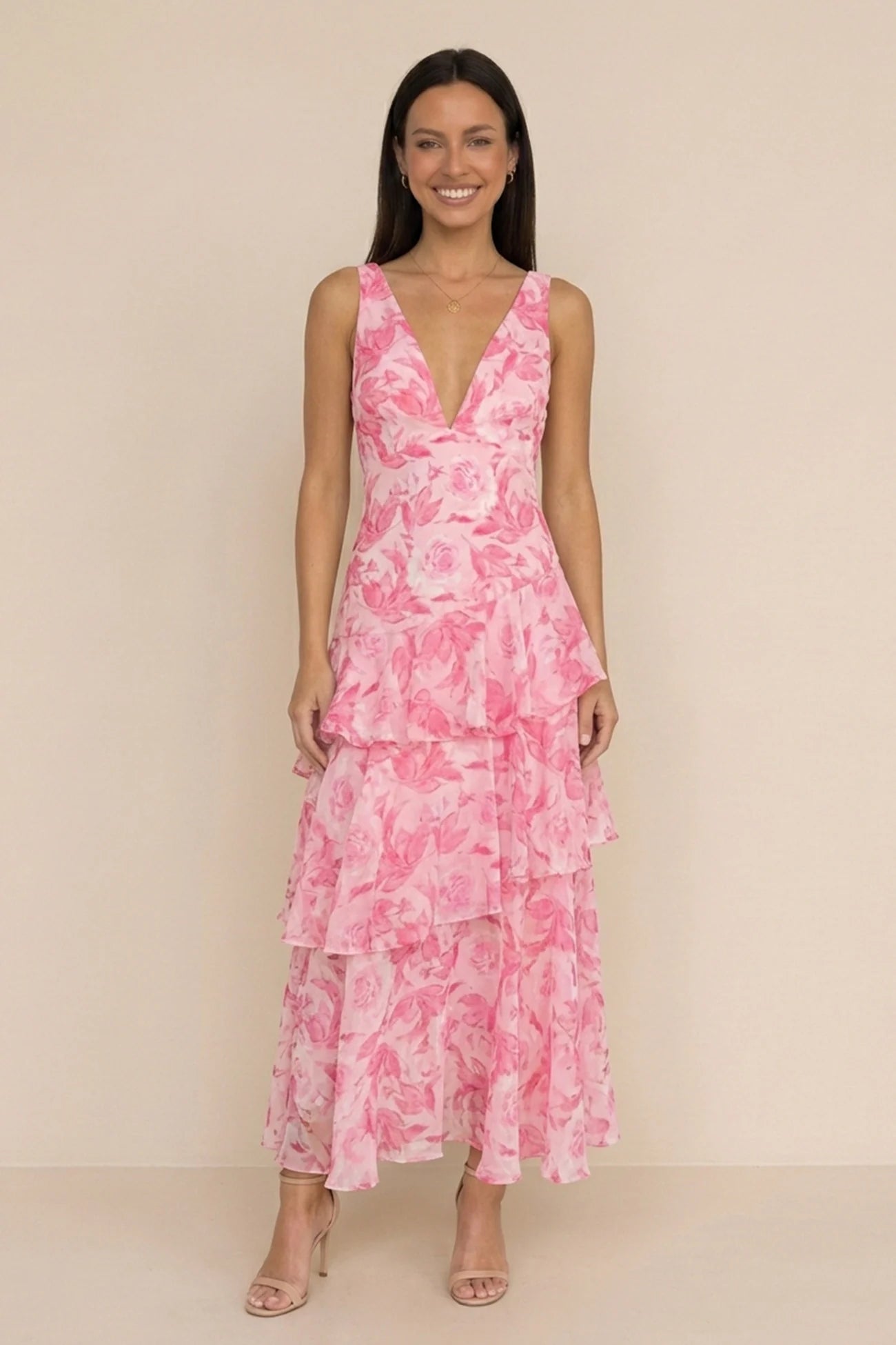 Floral Print Tie-up Back Chiffon Tiered Dress