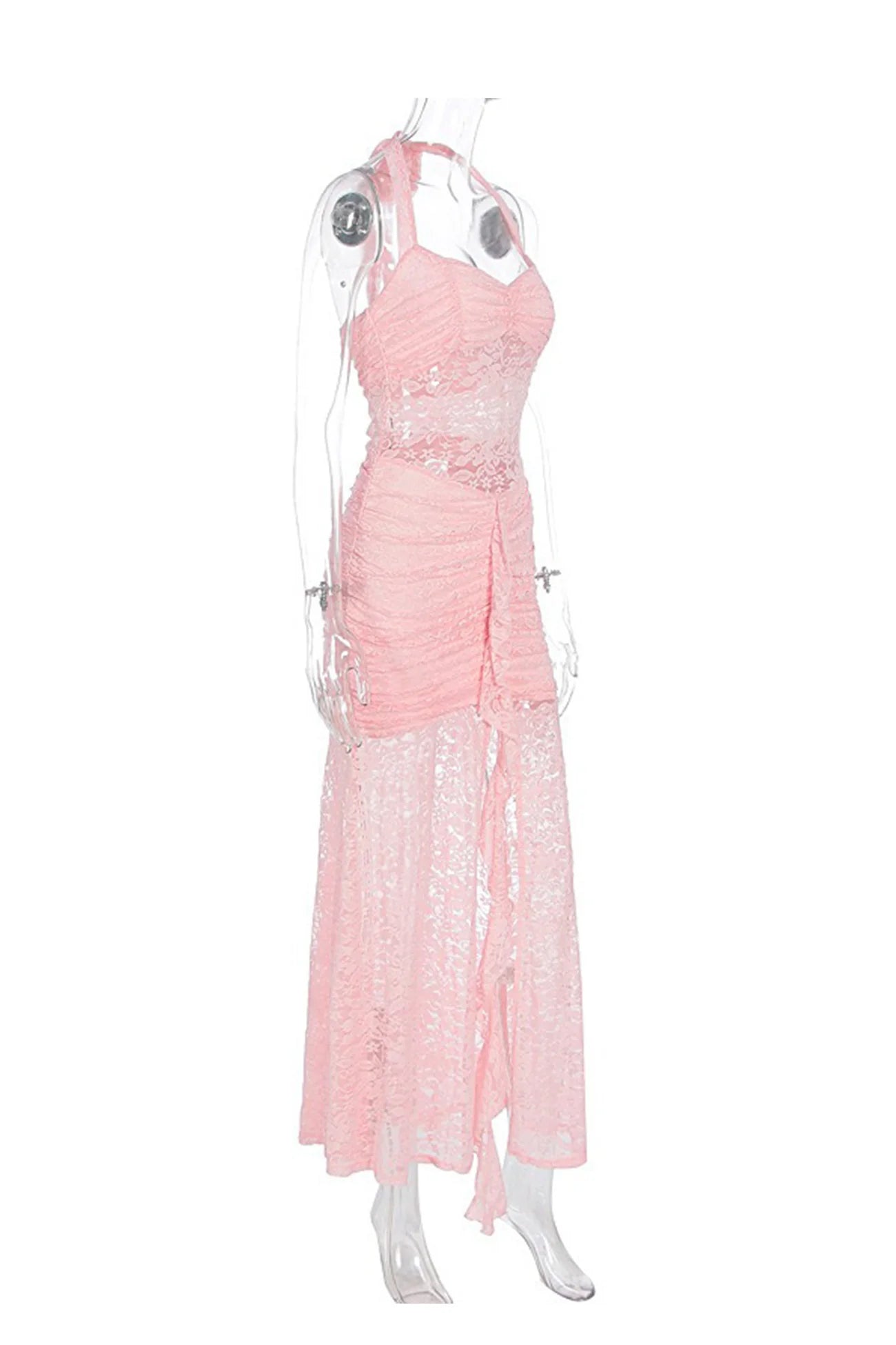 Halterneck Lace Patchwork Ruched Dress