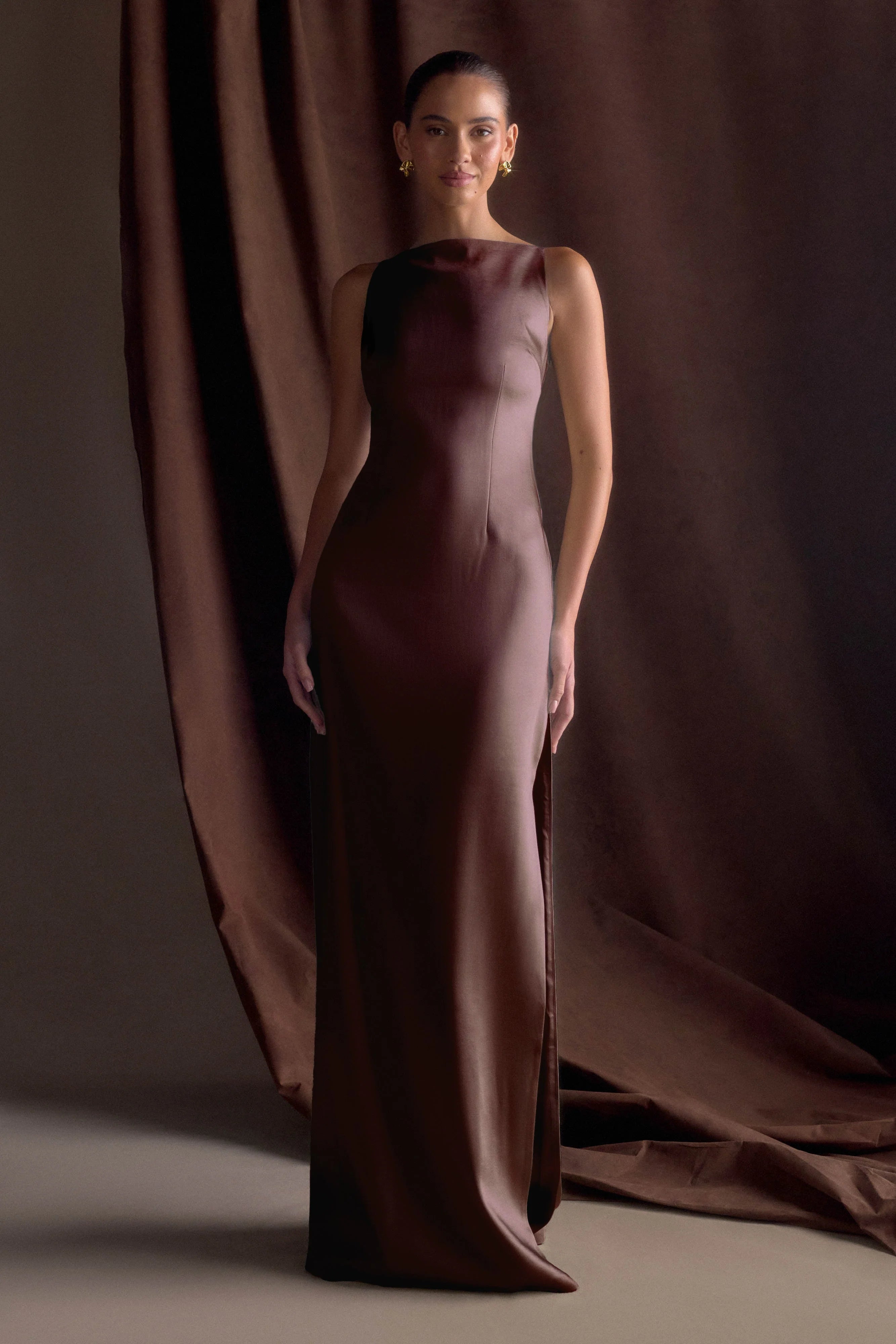 Violet Sleeveless Satin Maxi Dress - Dark Chocolate
