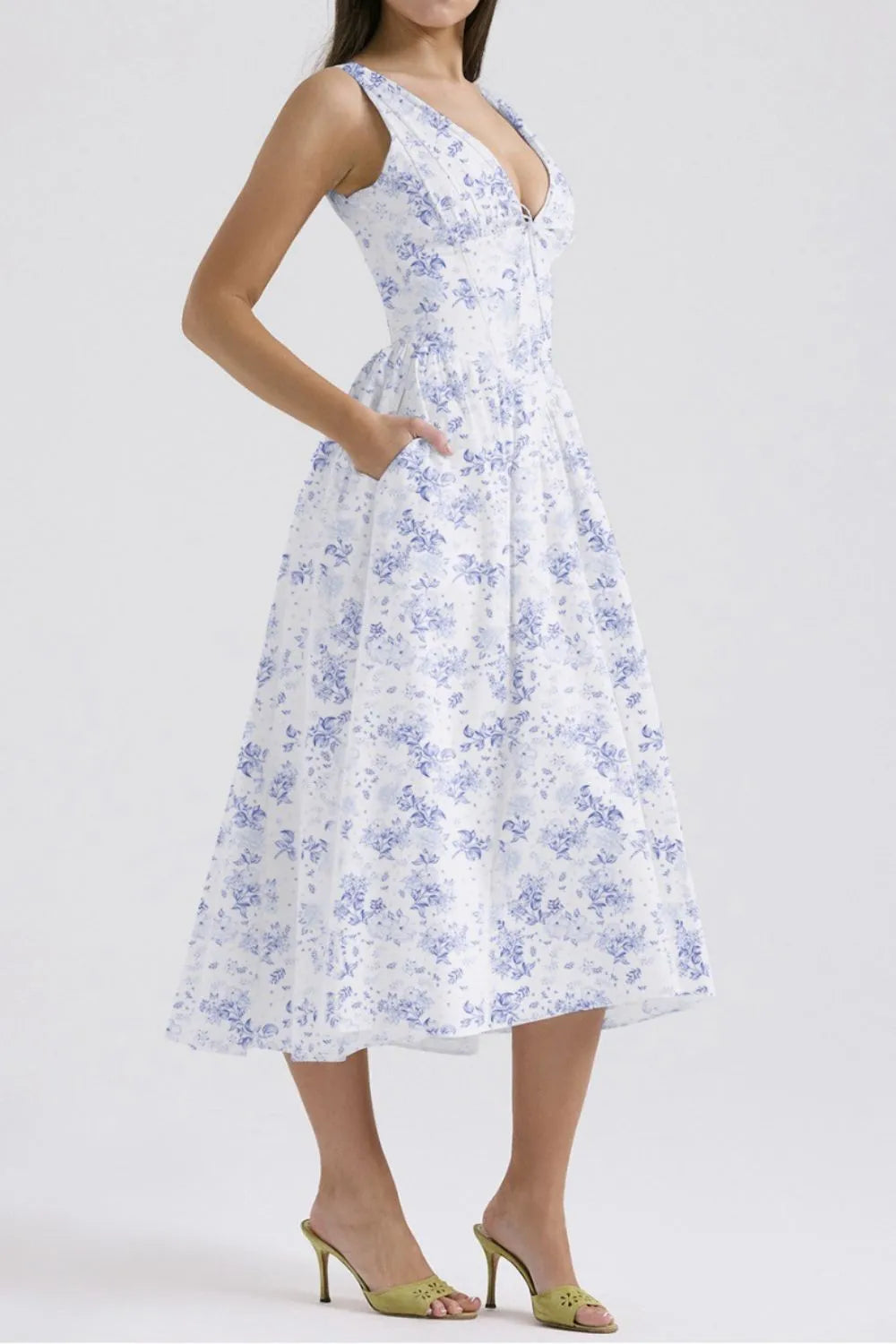 Floral V-Neck Sleeveless Midi Dress with Pockets