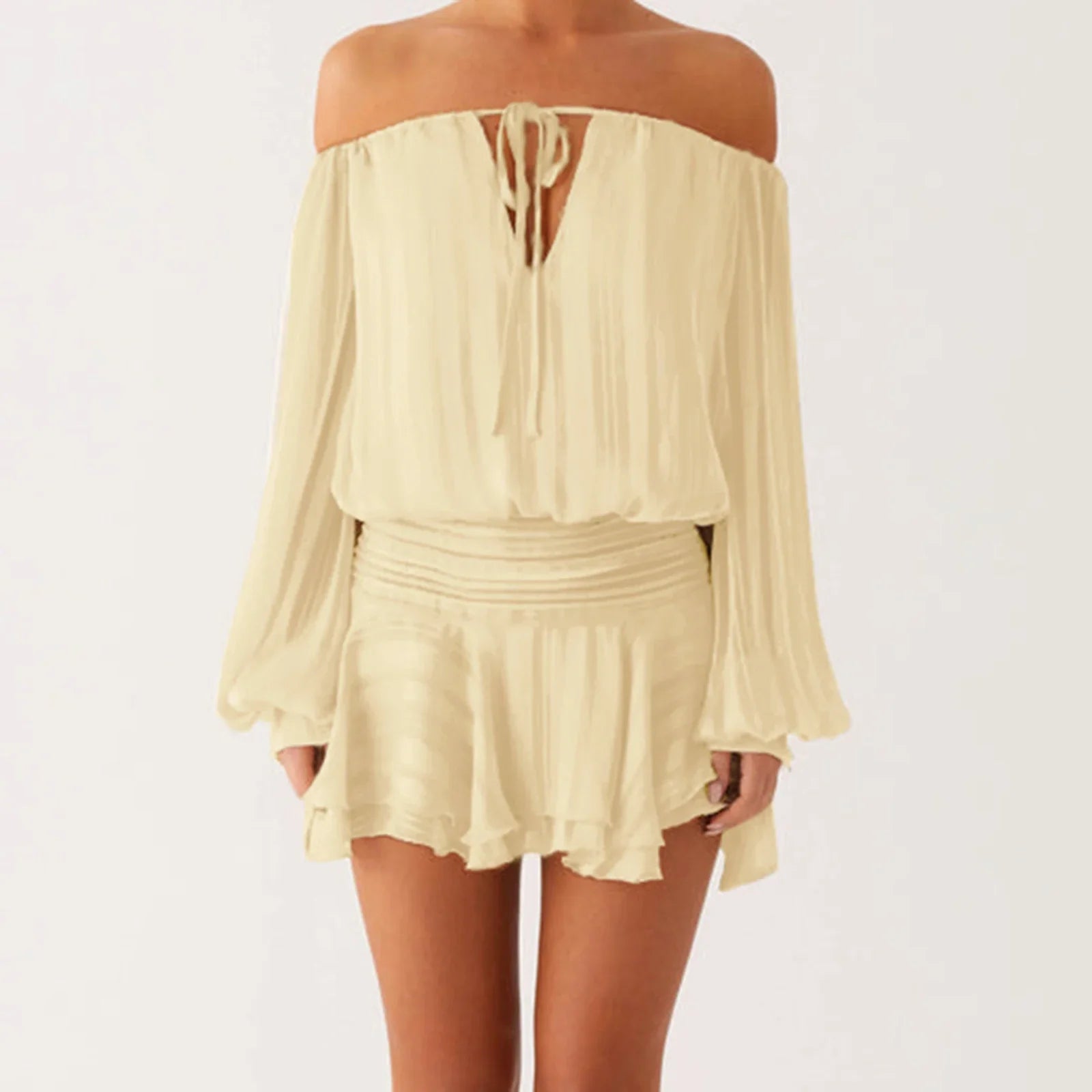 Ruffles Tie Up Off-Shoulder Long Sleeve Mini Dress