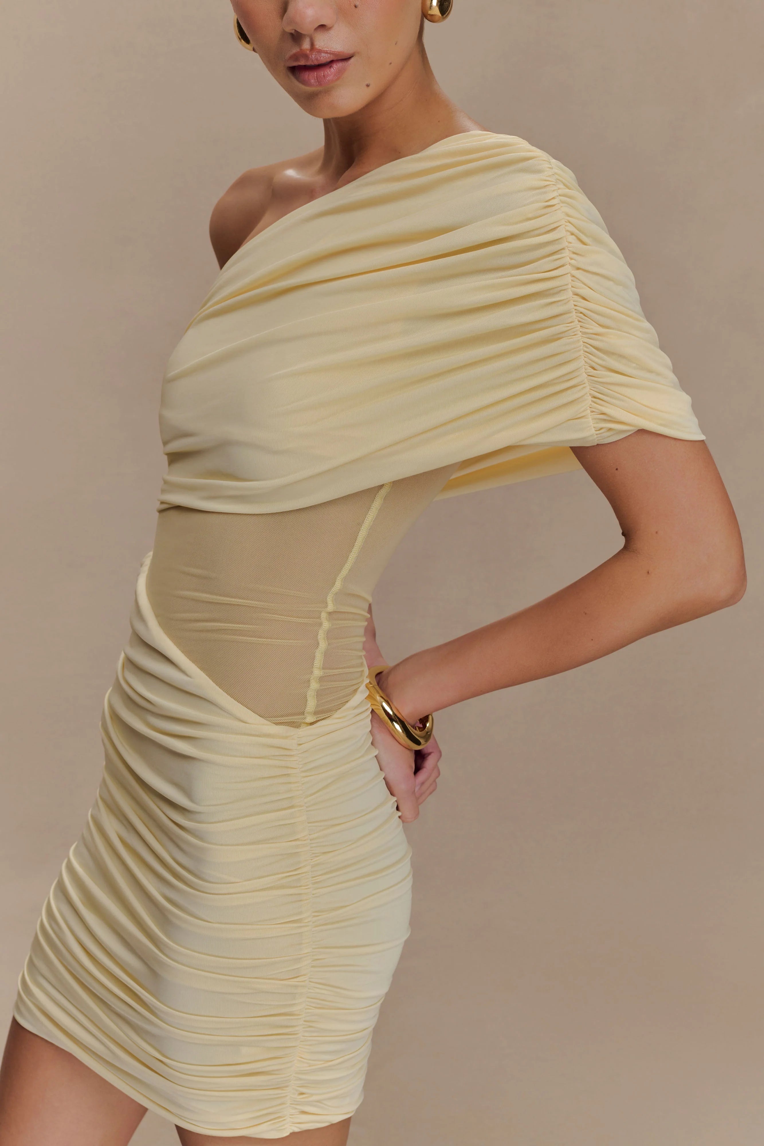 Dallas One Shoulder Mesh Mini Dress - Lemon